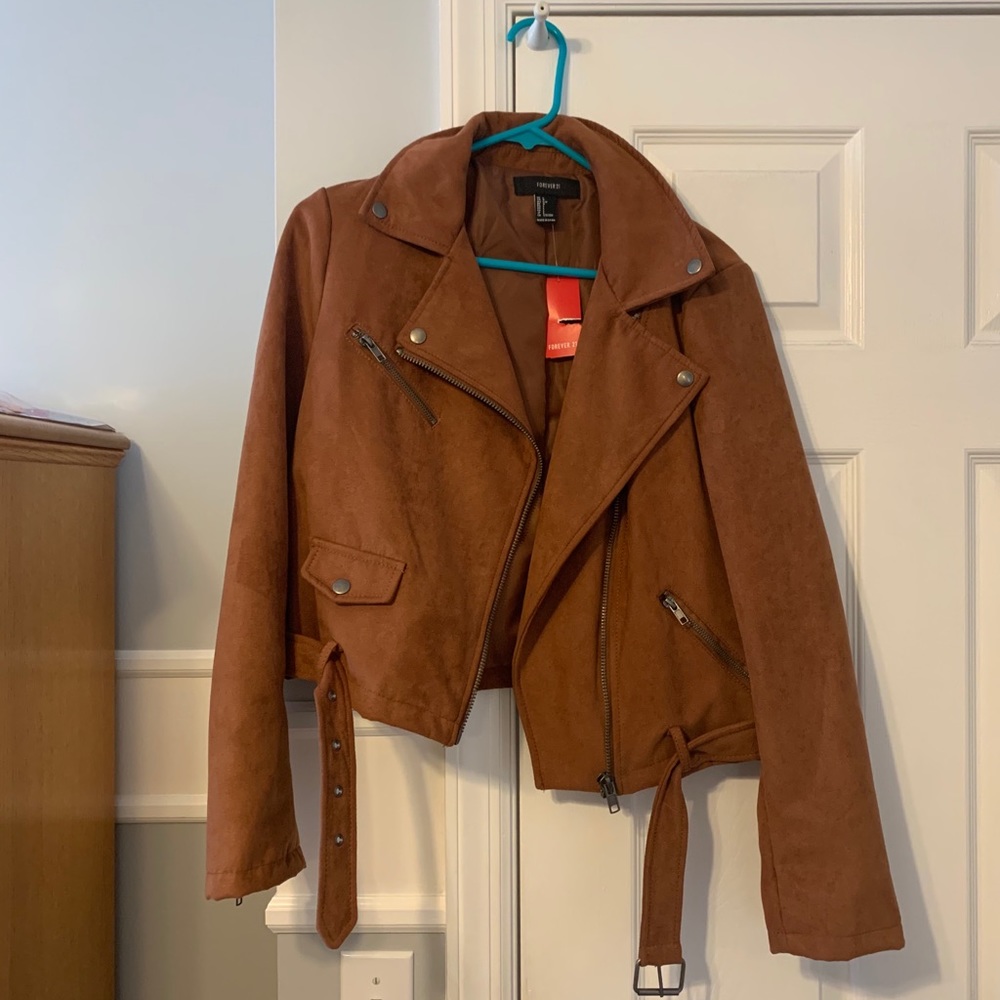 Brown Tan Suede Faux Leather Cropped Jacket